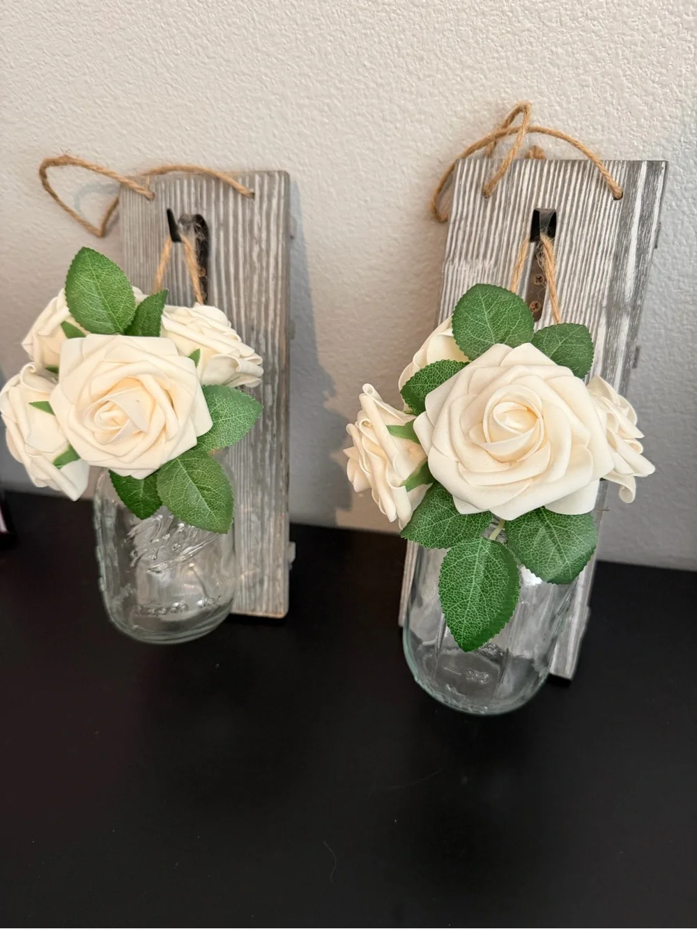 Wooden Hanging Mason Jar Vase with Cream Rose Bouquet